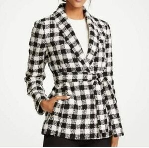 Ann Taylor Checked Belted Jacket in Black and White Size XS